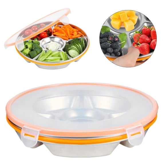 Divided Tray with Lid, Made Of Stainless Steel, with Six Compartments for Snacks and Vegetables, Perfect for Parties