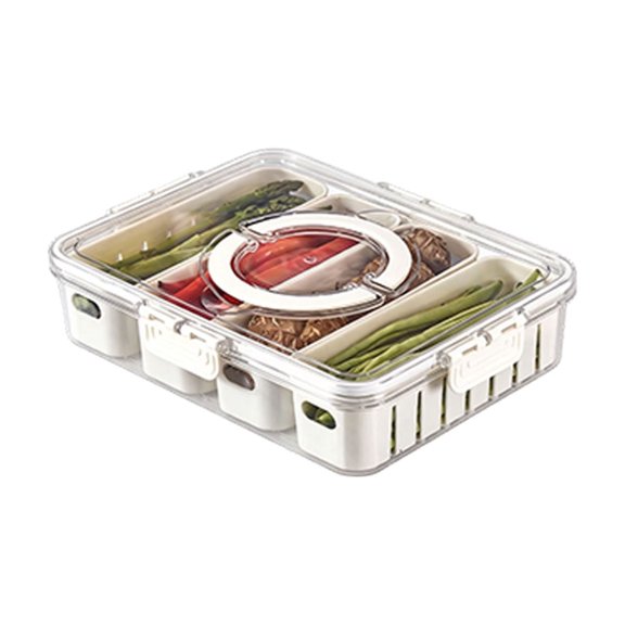 Divided Veggie Tray with Lid and Handle 12 x 9.5 x 3 Inch, 4 Compartment Stackable Serving Container for Fruit Vegetable Salad, Portable Snackle Box for Travel Party Picnic, Kitchen Accessories