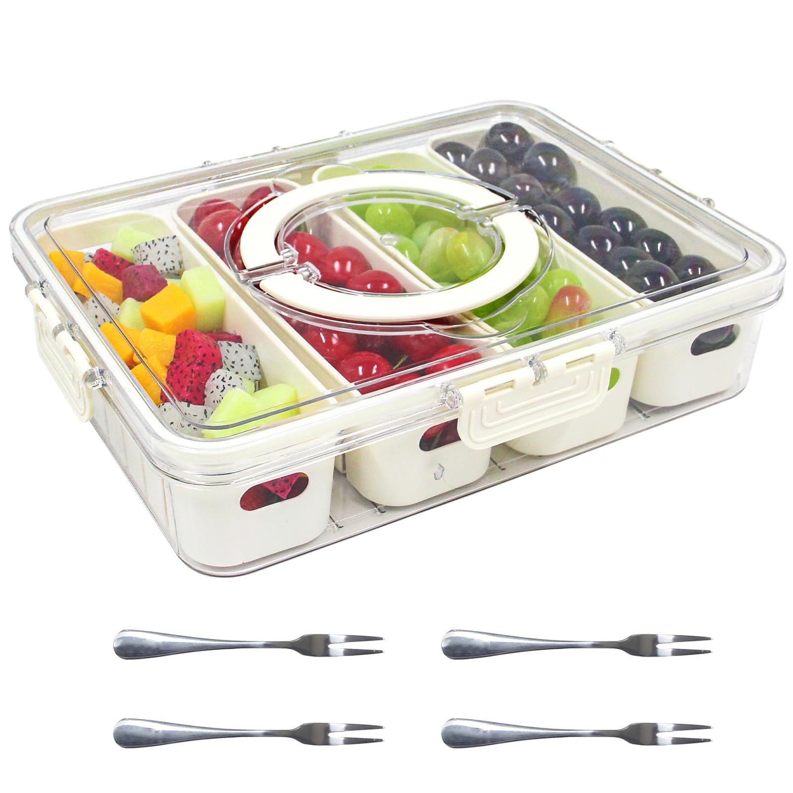 Portable Divided Veggie Tray with Lid, 4 Compartments Food Storage Box