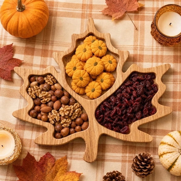 Divided Wooden Tray, Fall Maple Leaf Platter, Partition Food Serving Dish, Rustic Thanksgiving Decor, Practical Tray for Snack, Nut, Dessert Organization & Home Kitchen Party Decoration