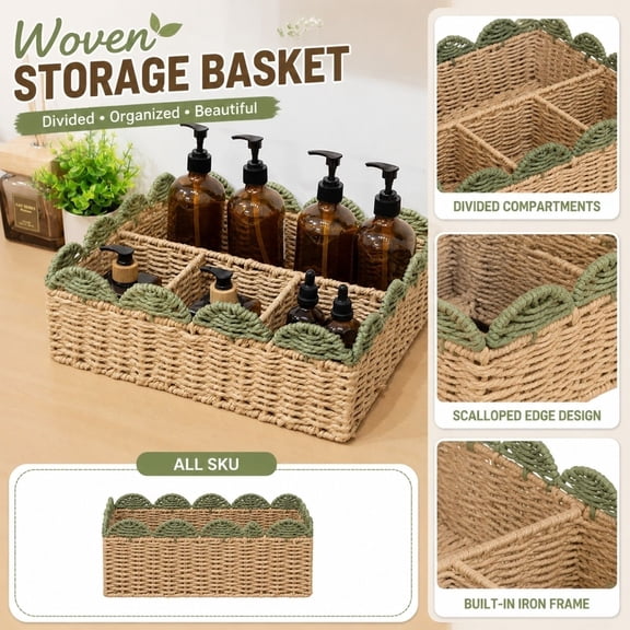 Divided Woven Storage Basket with Built-In Iron Frame, Plant Fiber Storage Basket with Scalloped Edge, Decorative Organizer Basket for Bathroom Vanity Pantry and Home Organization