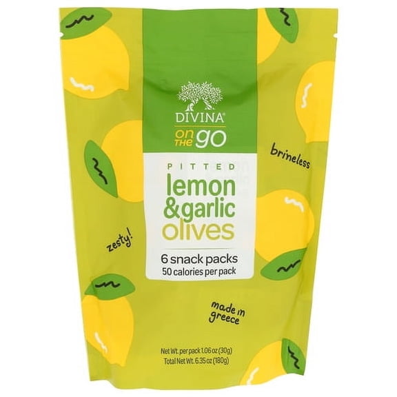 Divina Olives Green Pitted Lemon Garlic 6.3 oz (Pack of 6)