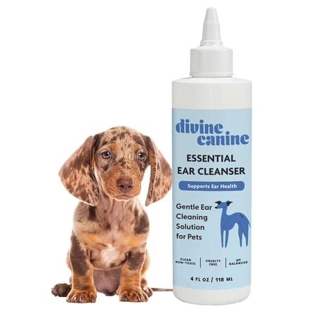 Divine Canine Essential Ear Cleanser - Dog Ear Cleaner - Soothes & Protects Pet Ears - Dog Grooming - Remove Wax & Deodorize - Aloe, Chamomile, Glycerin, Glycolic Acid - Ear Wellness for Dogs - 4 oz