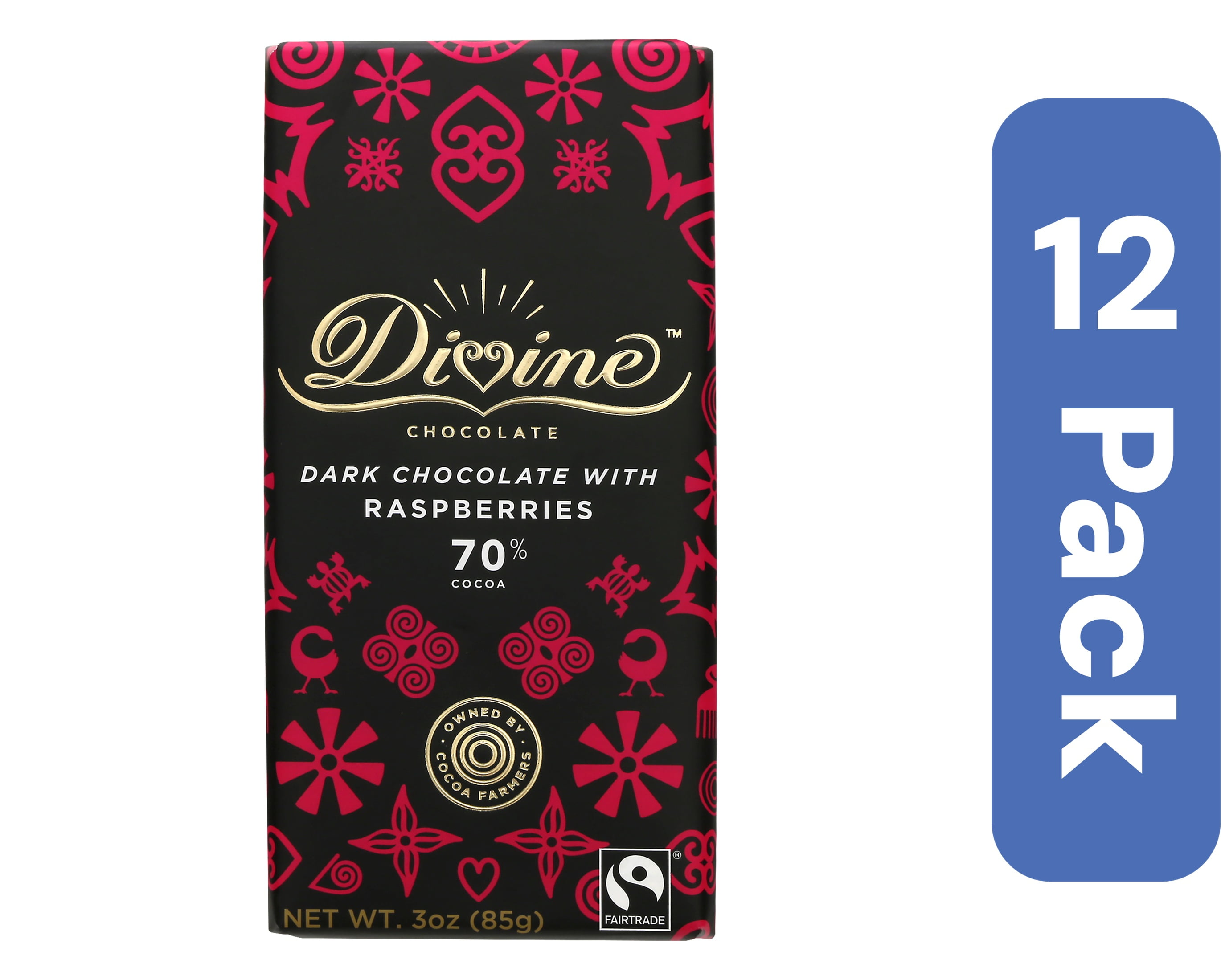 Divine Chocolate Dark Chocolate Bar with Raspberries 3 oz (Pack of 12)