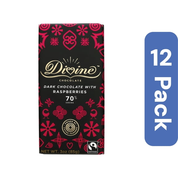 Divine Chocolate Dark Chocolate Bar with Raspberries 3 oz (Pack of 12)