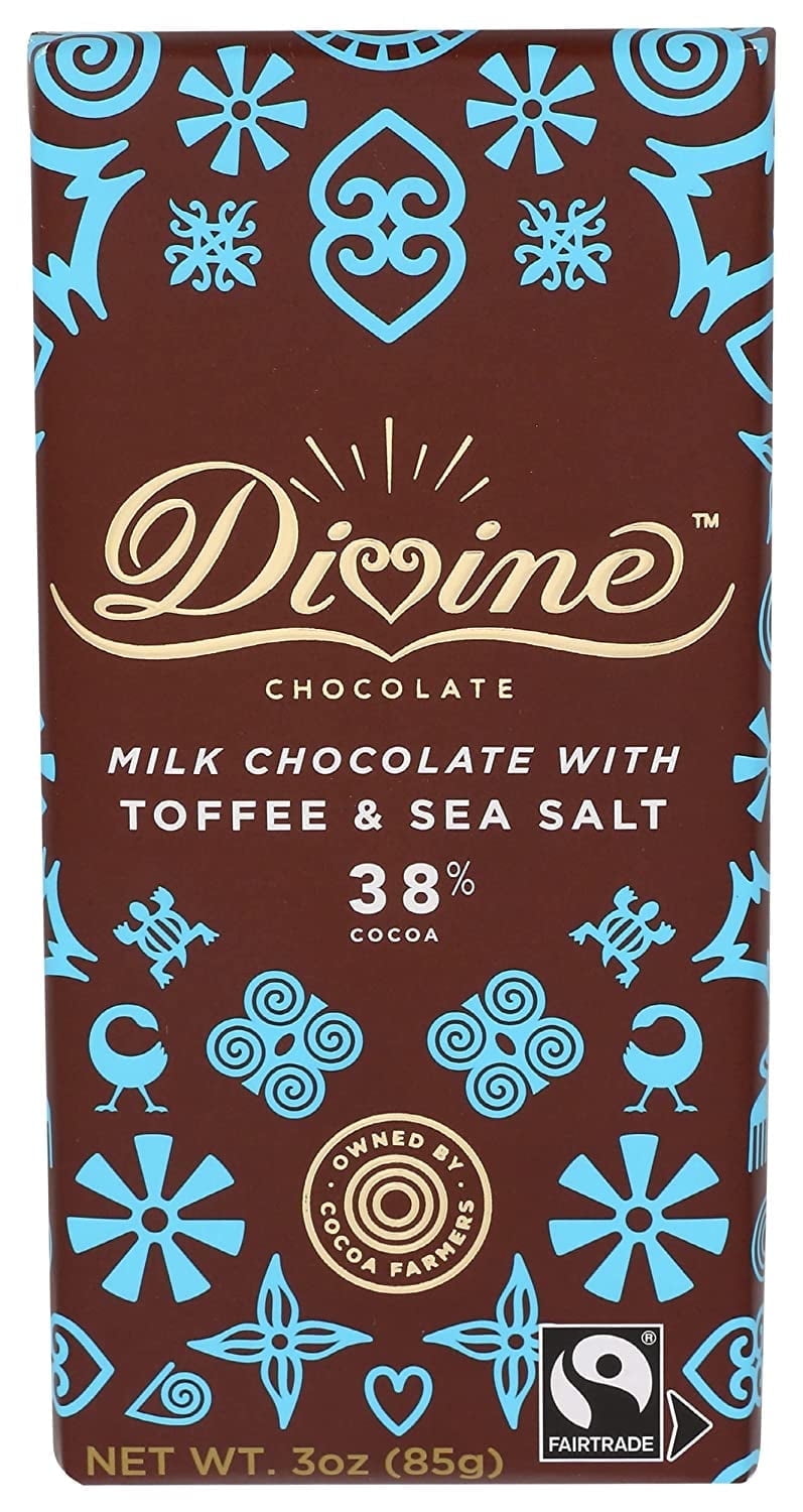 Divine Chocolate Milk Chocolate Bar with Toffee & Sea Salt 3 oz Pack of 4