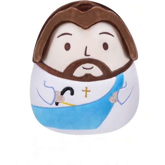 Religious Jesus Plush Pillow Toy with Cross Embroidery and Shepherd Staff, Soft Stuffed Toy with Blue and White