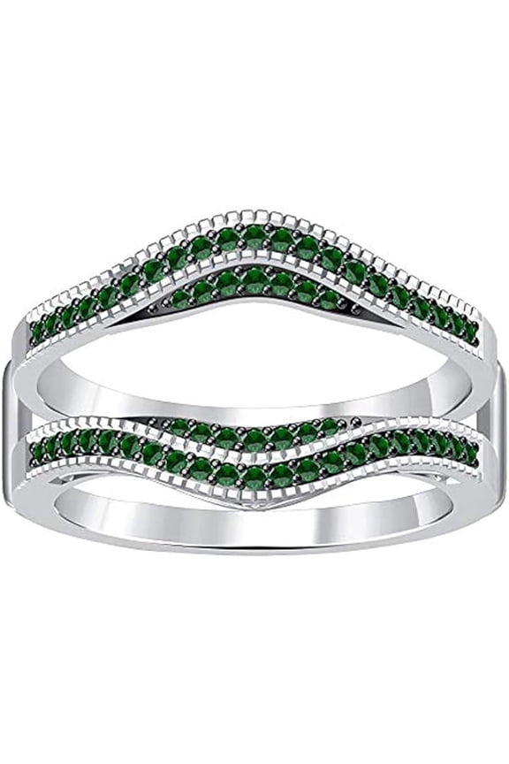 Divine Creation 1.10 Ct Round Cut Green Emerald Wedding Engagement Enhancer Guard Wrap Ring 14K White Gold Plated 925 Sterling Silver For Women's -7