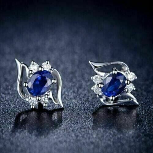 Divine Creation 1.20 Ct Oval Cut Blue Sapphire Push Back Stud Earring's 14K White Gold Plated 925 Sterling Silver For Women's