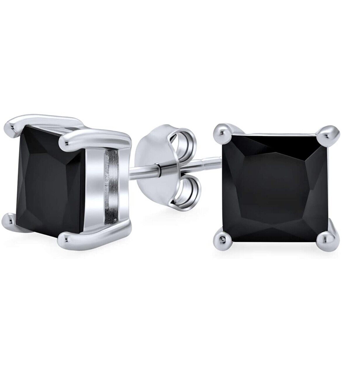 Divine Creation 1.20 Ct Princess Cut Black Diamond Push Back Mens Stud Earrings 14K White Gold Plated 925 Sterling Silver