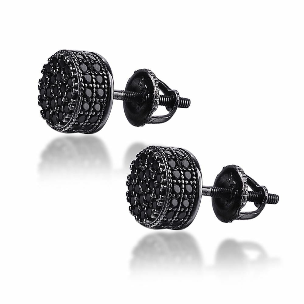 Divine Creation 1.20 Ct Round Cut Black Diamond Cluster Screw Back Mens Stud Earrings 14K Black Gold Plated 925 Sterling Silver