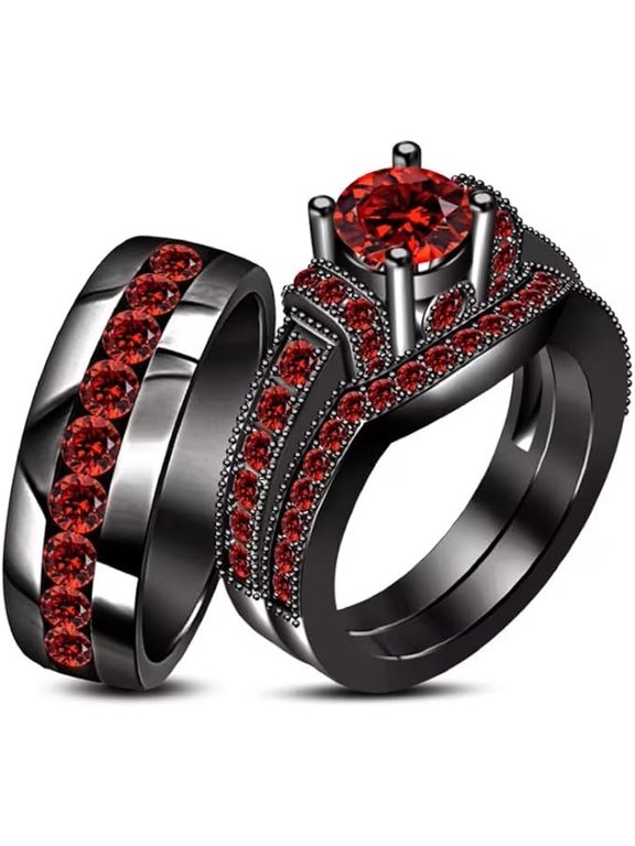 Divine Creation 1.20 Ct Round Cut Red Ruby Wedding Engagement Trio Ring Set 14K Black Gold Plated 925 Sterling Silver For Unisex -5