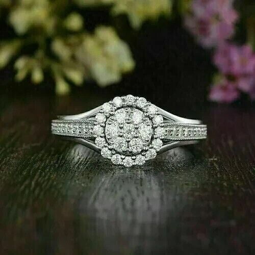 Divine Creation 1.20Ct Round Cut White Diamond Cluster Engagement Ring 14K White Gold Plated 925 Sterling Silver For Women's -5.5