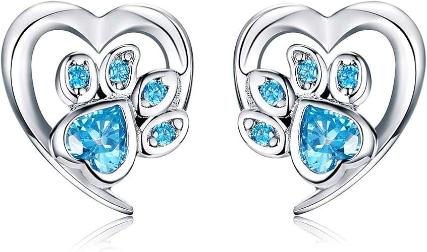 Divine Creation 1.25 Ct Heart Cut Blue Topaz Dog Paw Push Back Stud Earrings 14K White Gold Plated For Womens 925 Sterling Silver