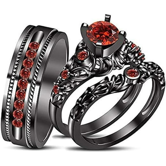 Divine Creation 1.30 Ct Round Cut Red Ruby Wedding Engagement Trio Ring Set 14K Black Gold Plated 925 Sterling Silver For Unisex -7
