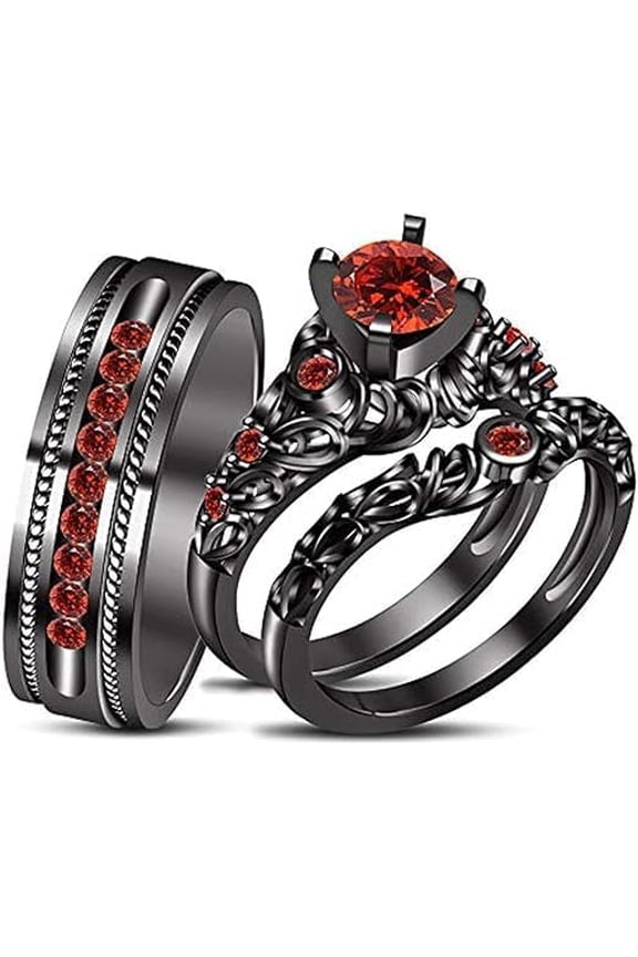 Divine Creation 1.30 Ct Round Cut Red Ruby Wedding Engagement Trio Ring Set 14K Black Gold Plated 925 Sterling Silver For Unisex -8