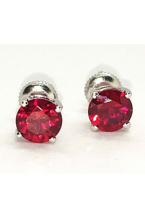 Divine Creation 1.35 Ct Round Cut Red Ruby Solitaire Push Back Womens Stud Earrings 14K White Gold Plated 925 Sterling Silver