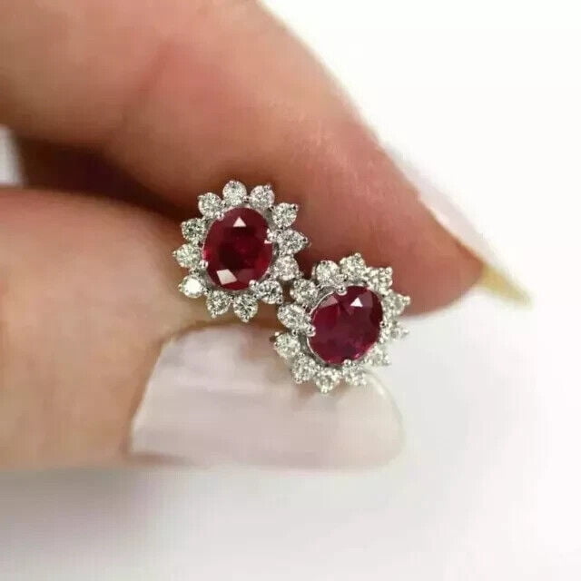 Divine Creation 1.35 Ct Oval Cut Red Ruby Halo Push Back Womens Stud Earrings 14K White Gold Plated 925 Sterling Silver