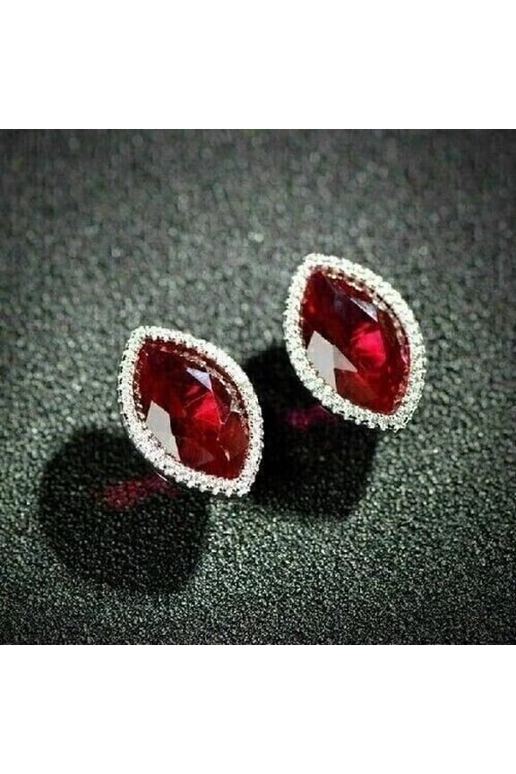 Divine Creation 1.35 Ct Marquise Cut Red Ruby Fancy Push Back Womens Stud Earrings 14K White Gold Plated 925 Sterling Silver