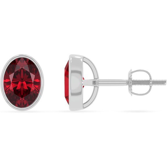 Divine Creation 1.35 Ct Oval Cut Red Ruby Bezel Set Screw Back Stud Earrings 14K White Gold Plated For Womens 925 Sterling Silver