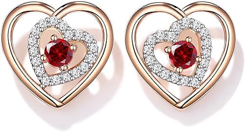 Divine Creation 1.35 Ct Round Cut Red Garnet Heart Shape Push Back Womens Stud Earrings 14K Rose Gold Plated 925 Sterling Silver