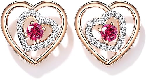 Divine Creation 1.35 Ct Round Cut Red Ruby Heart Shape Push Back Womens Stud Earrings 14K Rose Gold Plated 925 Sterling Silver
