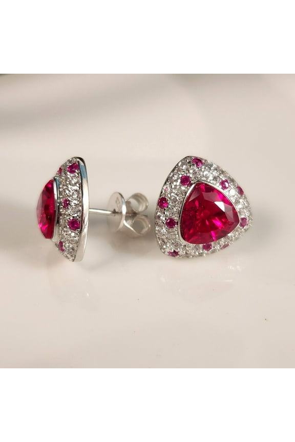 Divine Creation 1.35 Ct Trillion Cut Red Ruby Pretty Push Back Womens Stud Earrings 14K White Gold Plated 925 Sterling Silver