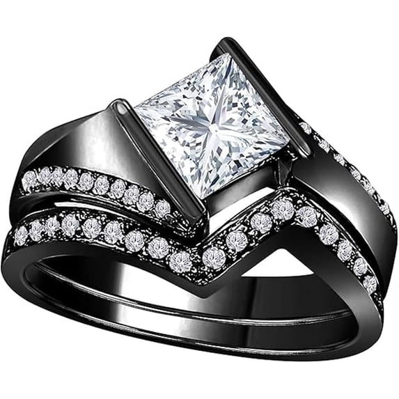 Divine Creation 1.50 Ct Princess Cut White Diamond Wedding Engagement Bridal Ring Set 14K Black Gold Plated 925 Sterling Silver For Women's -10.5