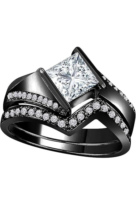 Divine Creation 1.50 Ct Princess Cut White Diamond Wedding Engagement Bridal Ring Set 14K Black Gold Plated 925 Sterling Silver For Women's -7