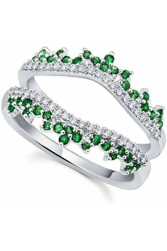 Divine Creation 1.50 Ct Round Cut Green Emerald & Diamond Wedding Engagement Enhancer Guard Wrap Ring 14K White Gold Plated 925 Sterling Silver For Women's -8