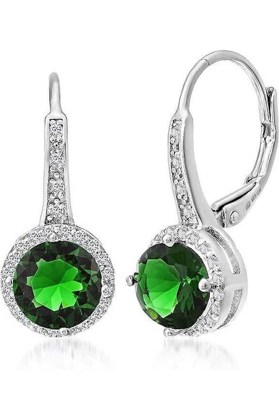 Divine Creation 1.50 Ct Round Cut Green Emerald Leverback Drop Dangle Earring's 14K White Gold Plated 925 Sterling Silver For Women's