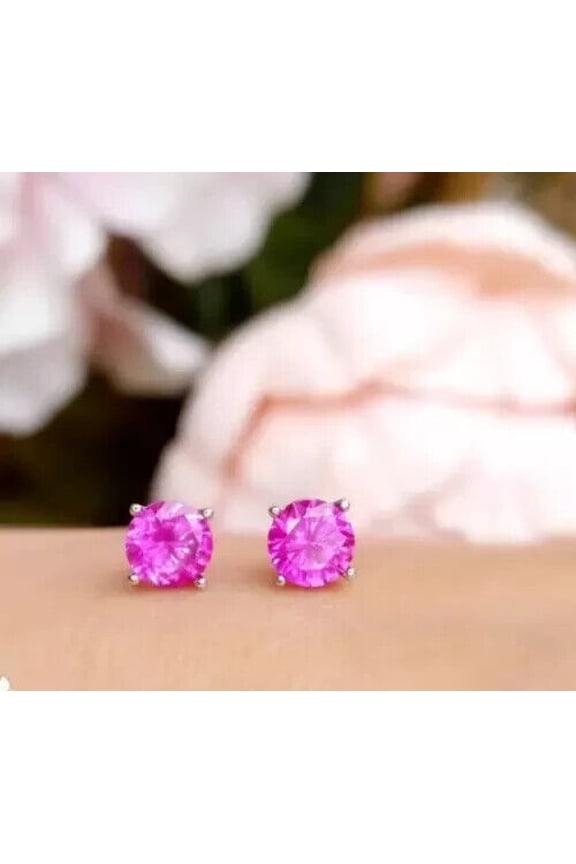Divine Creation 1.50 Ct Round Cut Pink Sapphire Womens Pretty Push Back Stud Earrings 14K White Gold Plated 925 Sterling Silver