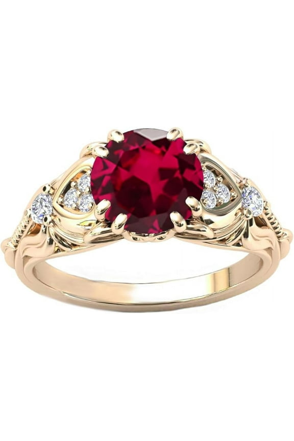 Divine Creation 1.50 Ct Round Cut Red Ruby Wedding Engagement Halo Ring 14K Rose Gold Plated 925 Sterling Silver For Women's -6.5