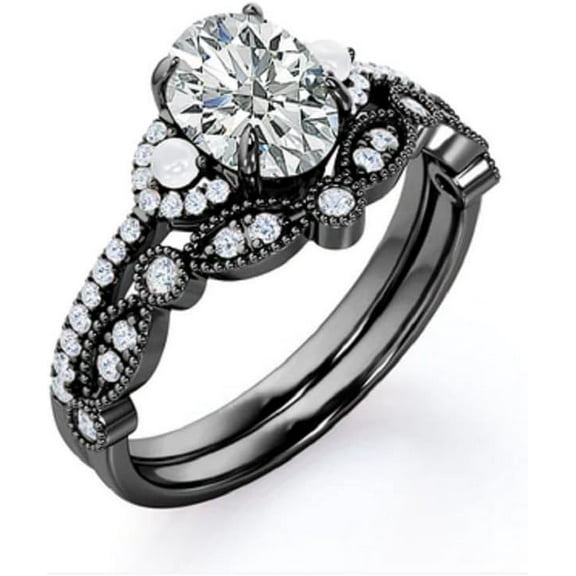 Divine Creation 1.54 Ct Oval Cut White Diamond Wedding Engagement Bridal Ring Set 14K Black Gold Plated 925 Sterling Silver For Women's -4