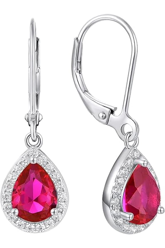 Divine Creation 1.60 Ct Pear Cut Red Ruby & Diamond Leverback Drop Dangle Earring's 14K White Gold Plated 925 Sterling Silver For Women's