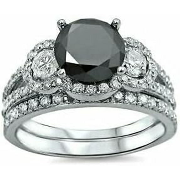 Divine Creation 1.80 Ct Round Cut Black Diamond Engagement Wedding Bridal Ring Set 925 Sterling Silver 14K White Gold Plated For Women's -4