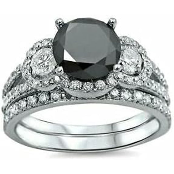 Divine Creation 1.80 Ct Round Cut Black Diamond Engagement Wedding Bridal Ring Set 925 Sterling Silver 14K White Gold Plated For Women's -9