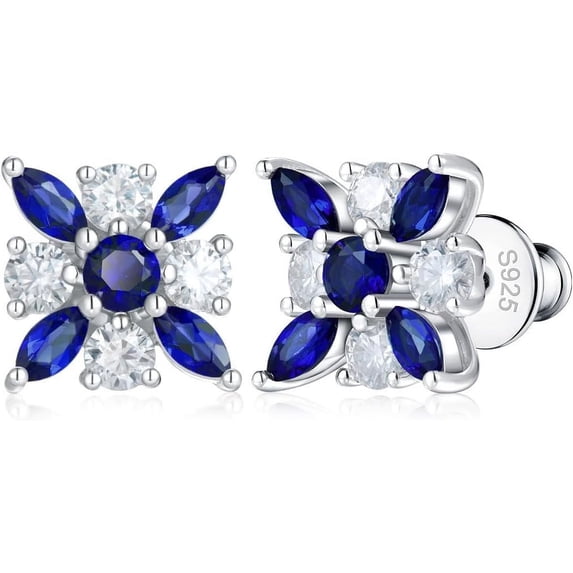 Divine Creation 1.80 Ct Round Cut Blue Sapphire Flower Push Back Stud Earrings 14K White Gold Plated For Womens 925 Sterling Silver