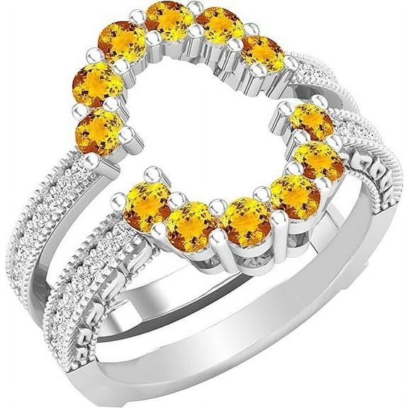 Divine Creation 14K White Gold Finish 1.50 Ct Round Cut Yellow Citrine & Diamond Wrap Guard Enhancer Wedding Engagement Ring 925 Sterling Silver For Women's -9