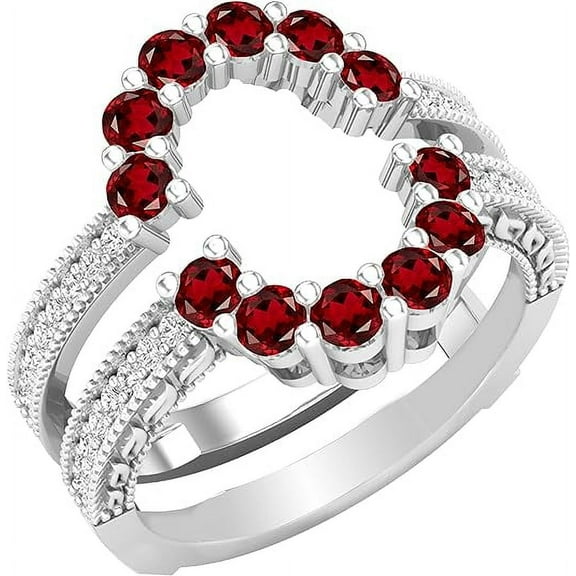 Divine Creation 14K White Gold Finish 1.55 Ct Round Cut Red Garnet & Diamond Wrap Guard Enhancer Wedding Engagement Ring 925 Sterling Silver For Women's -9