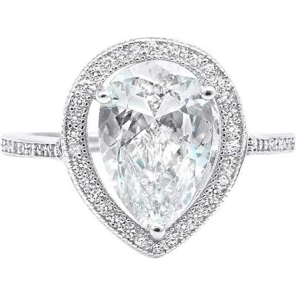 Divine Creation 14K White Gold Plated 1.60 Ct Pear Cut White Diamond Wedding Engagement Halo Ring 925 Sterling Silver For Women's -6.5