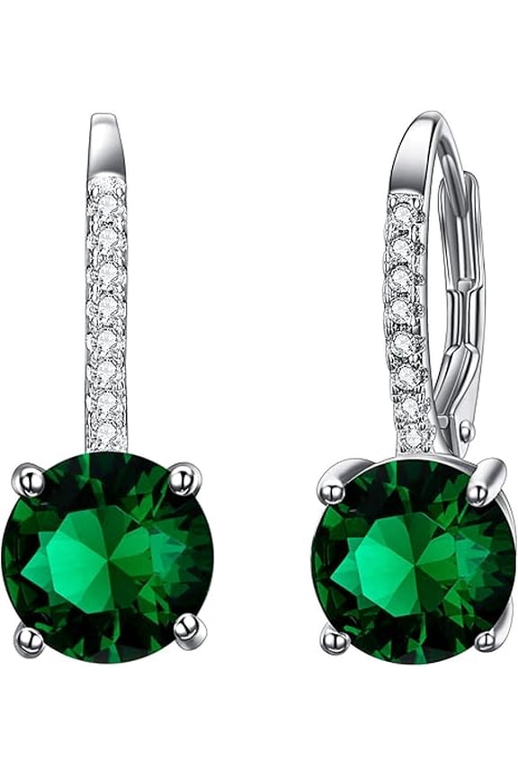 Divine Creation 14K White Gold Plated 1.60 Ct Round Cut Green Emerald Leverback Drop Dangle Earring's 925 Sterling Silver For Women's