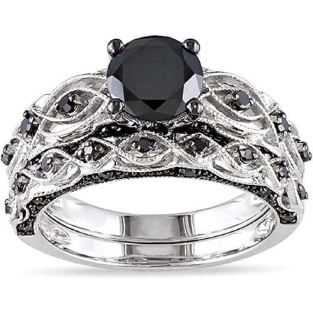 Divine Creation 14K White Gold Plated 2.00 Ct Round Cut Black Diamond Engagement Wedding Bridal Ring Set 925 Sterling Silver For Women's -4