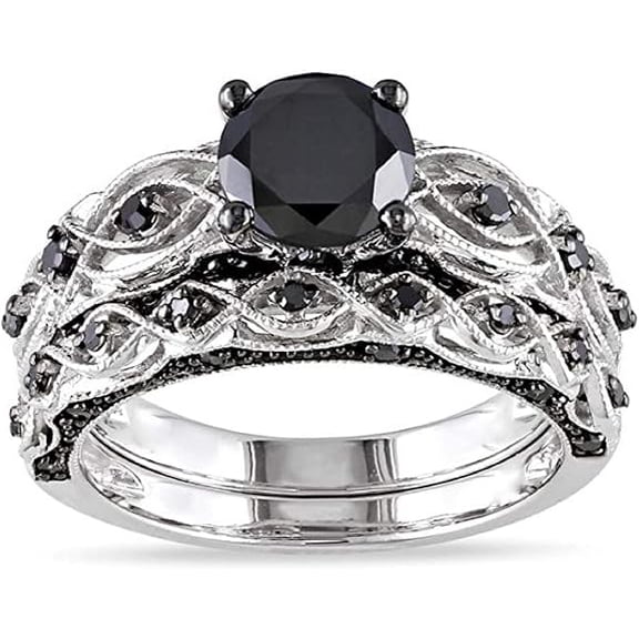 Divine Creation 14K White Gold Plated 2.00 Ct Round Cut Black Diamond Engagement Wedding Bridal Ring Set 925 Sterling Silver For Women's -8.5