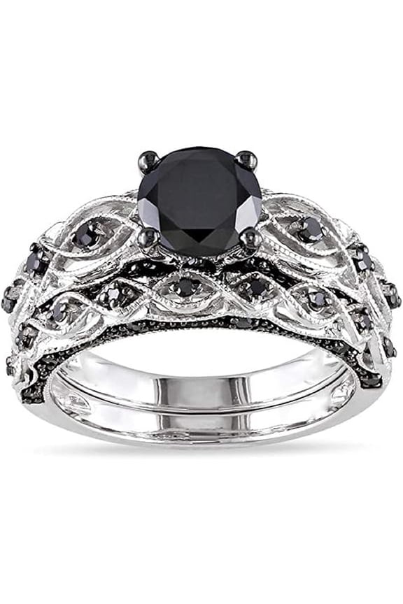 Divine Creation 14K White Gold Plated 2.00 Ct Round Cut Black Diamond Engagement Wedding Bridal Ring Set 925 Sterling Silver For Women's -9