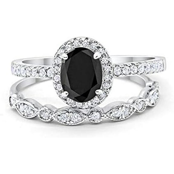 Divine Creation 14K White Gold Plated 2.10 Ct Oval Cut Black Diamond Wedding Engagement Halo Bridal Ring Set 925 Sterling Silver For Women's -8.5