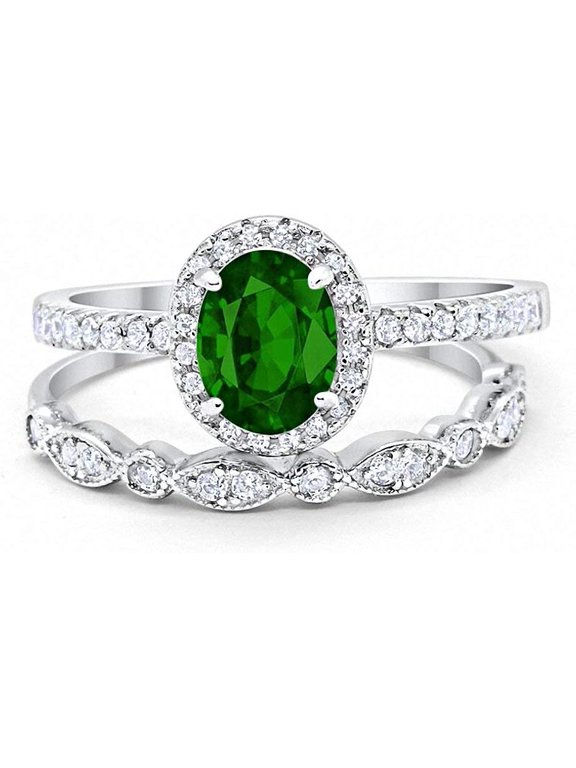Divine Creation 14K White Gold Plated 2.10 Ct Oval Cut Green Emerald Wedding Engagement Halo Bridal Ring Set 925 Sterling Silver For Women's -10