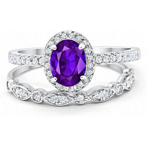 Divine Creation 14K White Gold Plated 2.10 Ct Oval Cut Purple Amethyst Wedding Engagement Halo Bridal Ring Set 925 Sterling Silver For Women's -9