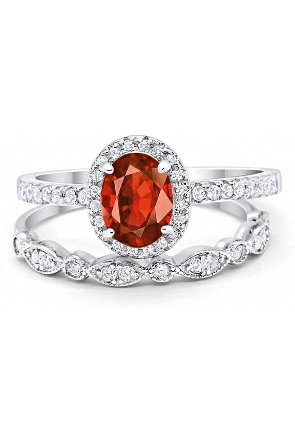 Divine Creation 14K White Gold Plated 2.10 Ct Oval Cut Red Garnet Wedding Engagement Halo Bridal Ring Set 925 Sterling Silver For Women's -5