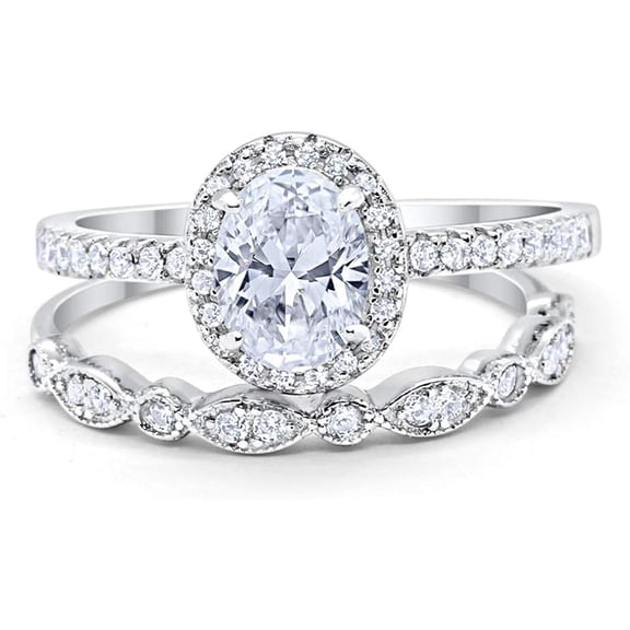 Divine Creation 14K White Gold Plated 2.10 Ct Oval Cut White Diamond Wedding Engagement Halo Bridal Ring Set 925 Sterling Silver For Women's -5.5